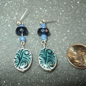 Vintage Silver Tone & Blue-Gray Earrings Enamel PIERCED POST Dangles